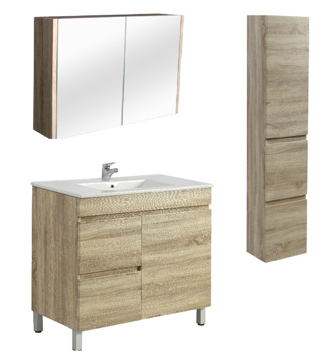 900mm Berge White Oak Floor MDF Vanity and Shaving Cabinet and Tall Boy