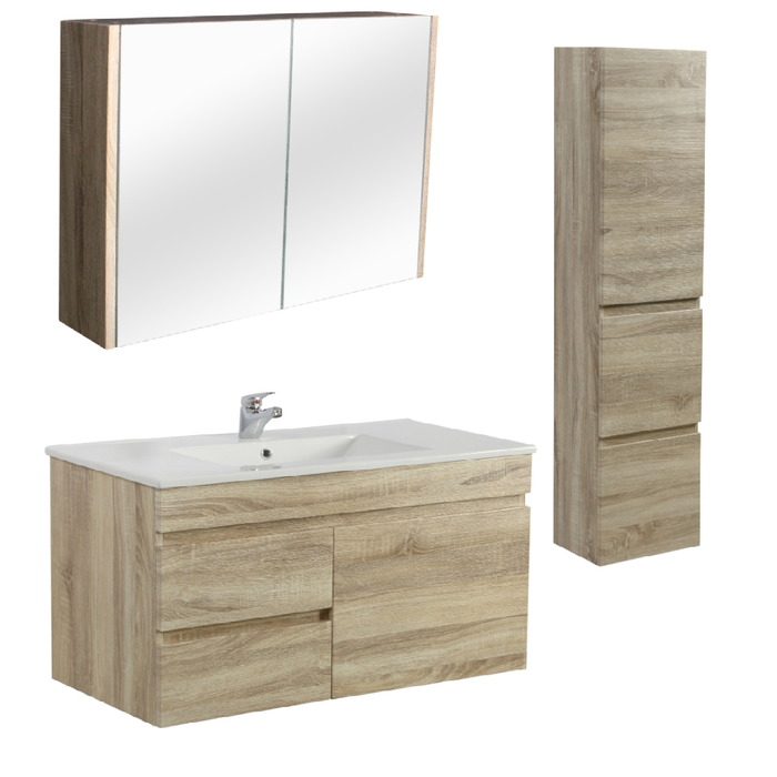 900mm Berge White Oak Wall Hung MDF Vanity and Shaving Cabinet and Tall Boy