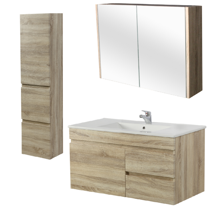 900mm Berge White Oak Wall Hung MDF Vanity and Shaving Cabinet and Tall Boy