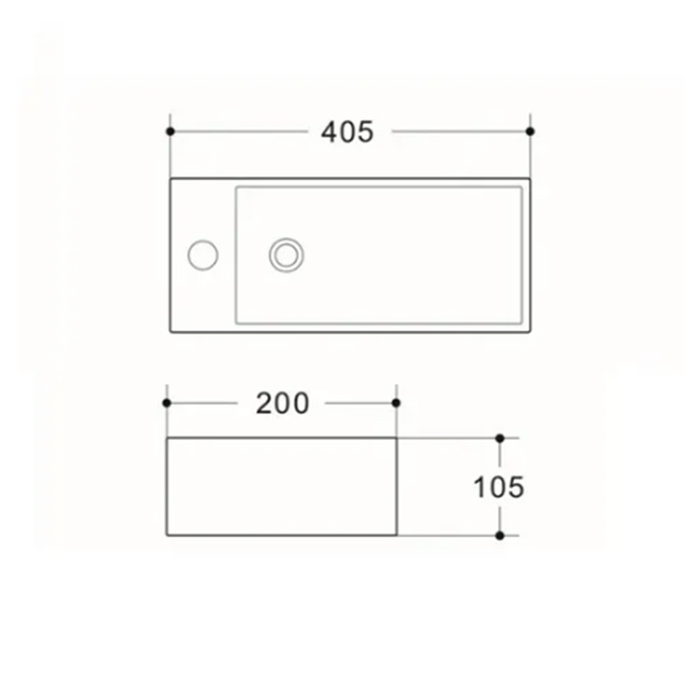 405*200*105mm Gloss White Ceramic Rectangle One Tap Hole On Left/Right Wall Hung Basin