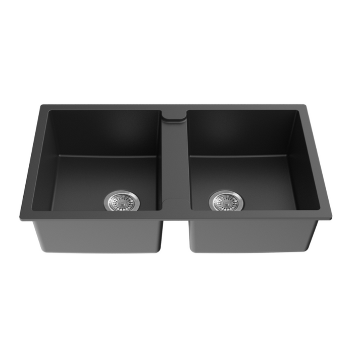 860*500*216mm Kitchen Top-mount Double Bowl Quartz Matte Black Sink with Waste