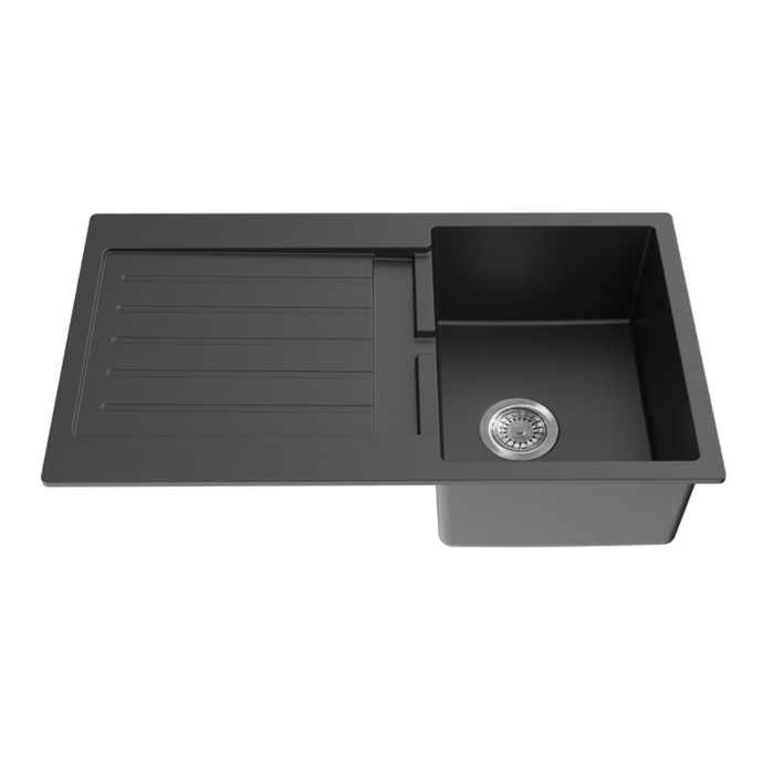 860*500*216mm Kitchen Top-mount Single Bowl Quartz Matte Black Sink with Drainer