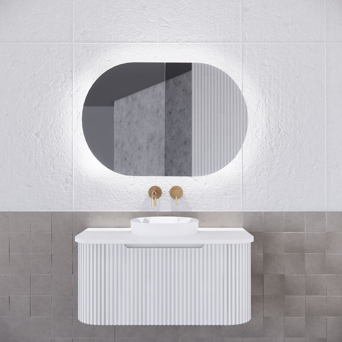 870*600*150mm ABS Paris Oval Copper-free Mirror Plywood Matt Black/Matt White Back Lit LED Shaving Cabinet - HD reno