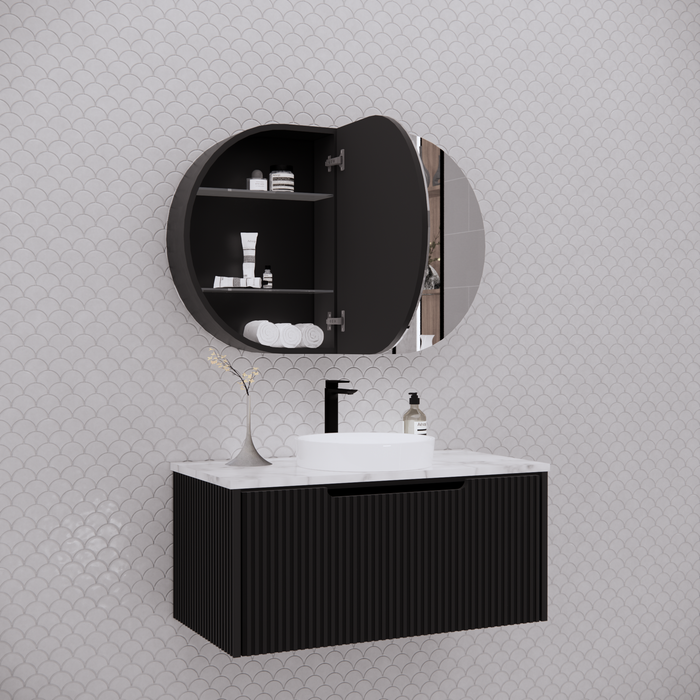 870*600*140mm ABS London Oval Matt Black/Matt White Mirror Shaving Cabinet - HD reno
