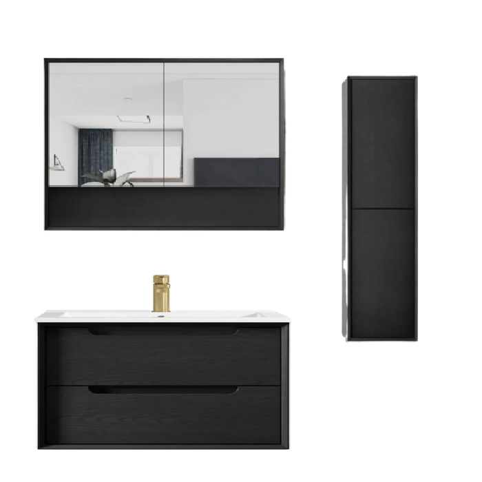 900mm Byron Black Oak Wall Hung Vanity and Tall Boy and Shaving Cabinet
