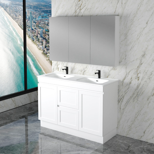 600-1500mm ABS Miami Matt White Shaker Plywood Freestanding(on Kickboard) Vanity Cabinet - HD reno