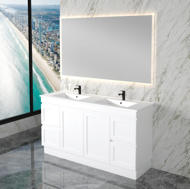 600-1500mm ABS Miami Matt White Shaker Plywood Freestanding(on Kickboard) Vanity Cabinet - HD reno