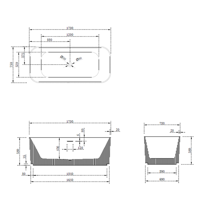 1500*750*580mm ABS Milano Riva White/Black Oval Flute Profile Freestanding Bathtub - HD reno