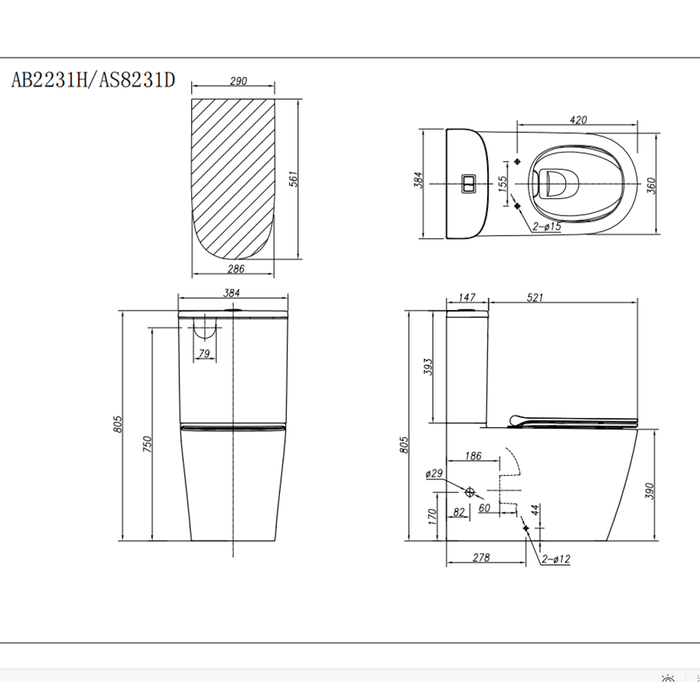 700*385*820mm Aquaperla Arrow Sergio Dual Washdown Two-piece Ceramic Gloss White Rimless Back To Wall Toilet