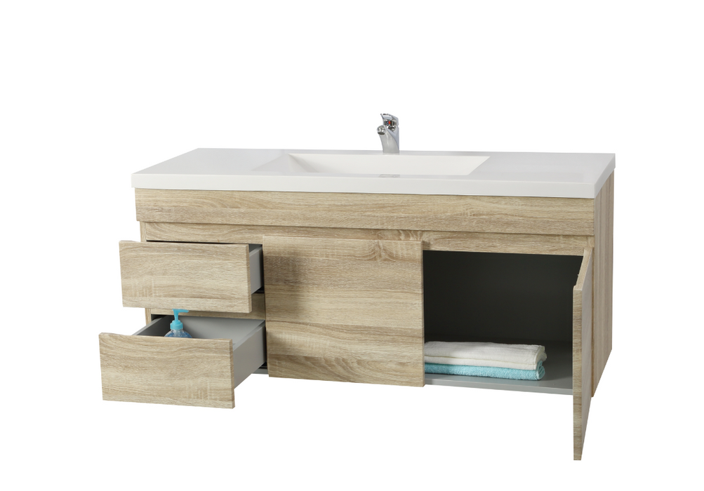 1200mm Berge White Oak Wall Hung MDF Vanity and Shaving Cabinet and Tall Boy