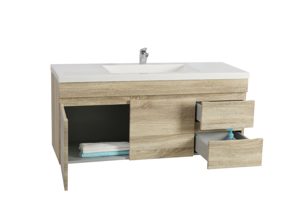 1200mm Berge White Oak Wall Hung MDF Vanity and Shaving Cabinet and Tall Boy