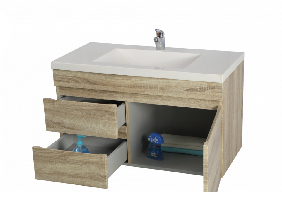 900mm Berge White Oak Wall Hung MDF Vanity and Shaving Cabinet and Tall Boy