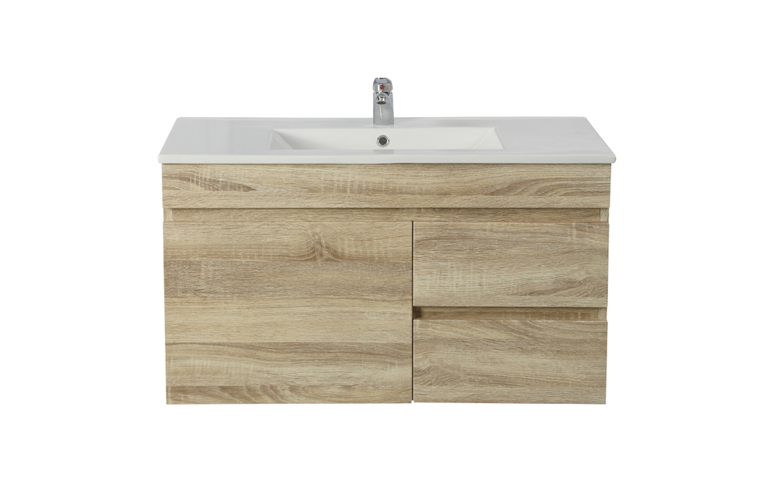 900mm Berge White Oak Wall Hung MDF Vanity and Shaving Cabinet and Tall Boy