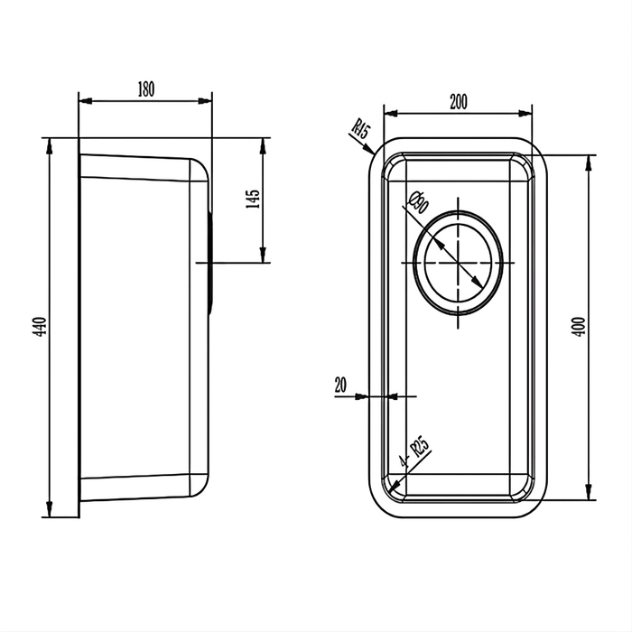 440*240*200mm BK Traditionell 304 Stainless Steel Chrome Square Top Mount / Under Mount Single Bowl Laundry Kitchen Sink