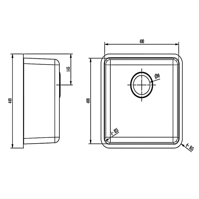 440*440*200mm BK Traditionell 304 Stainless Steel Chrome Square Top Mount / Under Mount Single Bowl Laundry Kitchen Sink