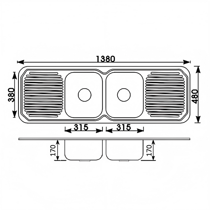 1380*480*180mm BK Traditionell 304 Stainless Steel Chrome Square Top Mount Double Bowls With Drainer Laundry Kitchen Sink