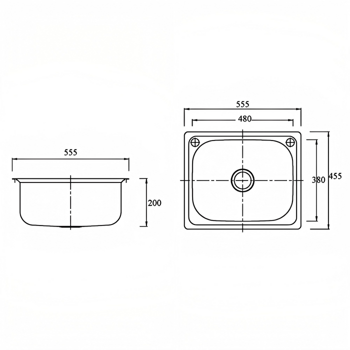 555*455*200mm BK Traditionell 35L 304 Stainless Steel Chrome Square Top Mount Single Bowl Laundry Kitchen Sink