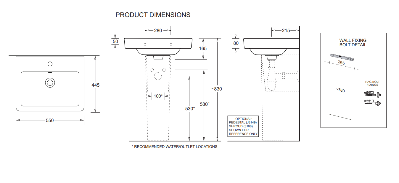 550*445*165mm White Ceramic 1 Taphole Rectangular Wall Basin With Waste