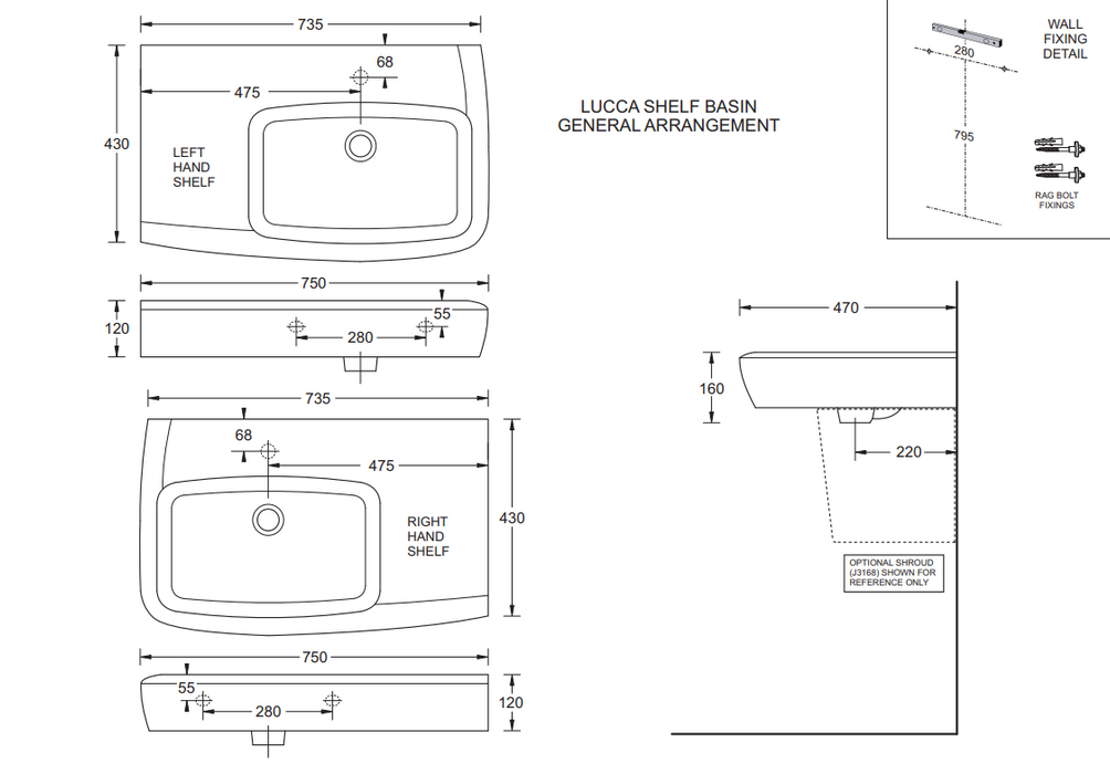 750*430*120mm Lucca Ceramic No Taphole Wall Basin With Waste