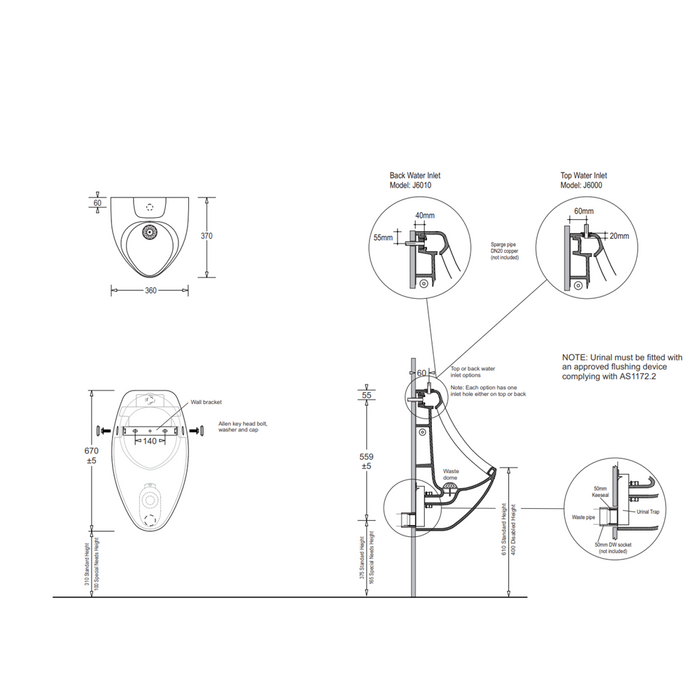 360*370*670mm Johnson Suisse Life White Ceramic Wall Hung Urinal - HD reno