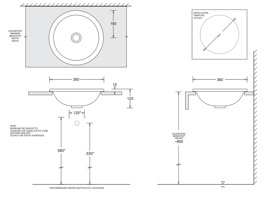 360*360*125mm Emilia Ceramic Round Compact Vanity Basin With Waste - HD reno