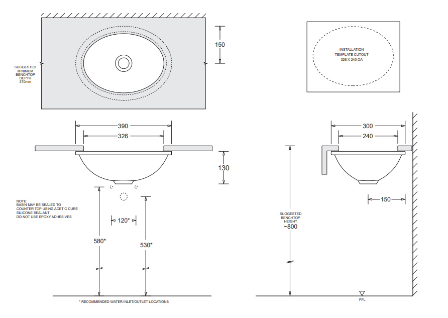 390*300*130mm Emilia Ceramic Oval Under Counter Vanity Basin With Waste - HD reno