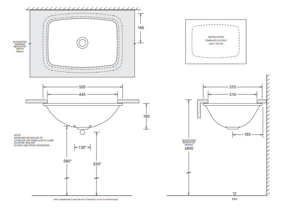 505*370*160mm Ceramic Rectangular Under Counter Vanity Basin With Waste - HD reno