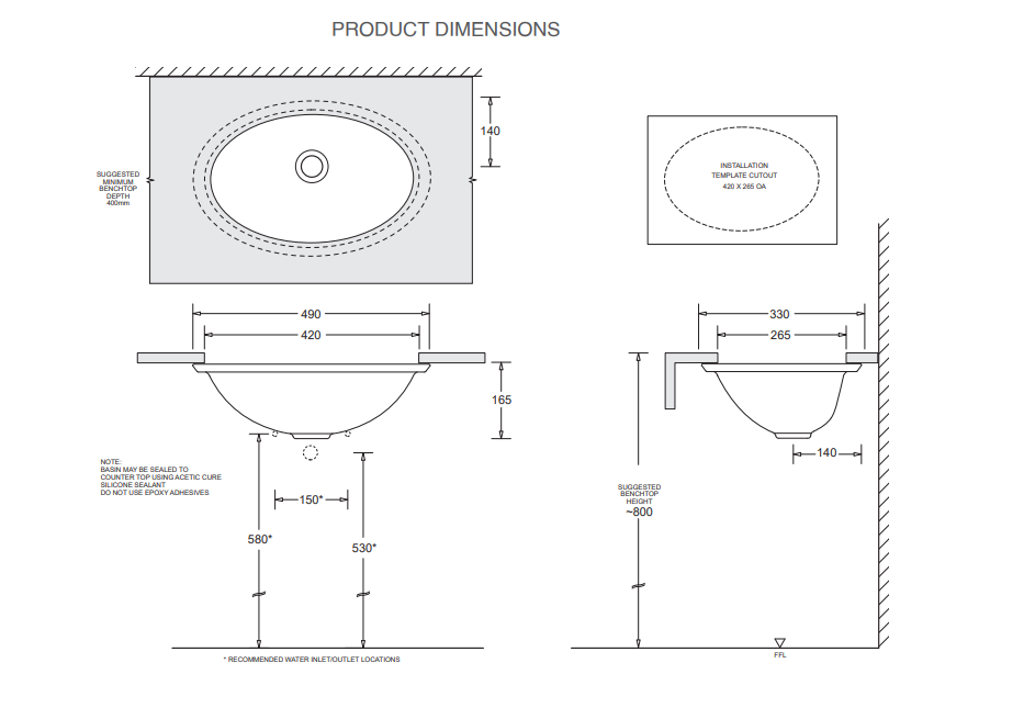 490*330*165mm Emilia Ceramic Oval Under Counter Vanity Basin With Waste - HD reno