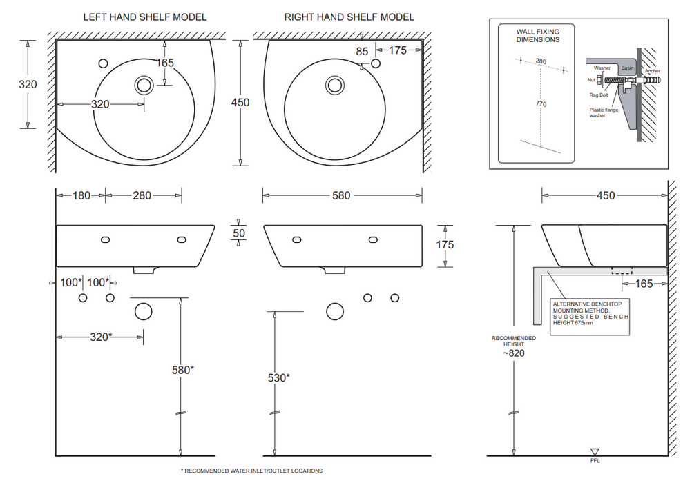 580*450*175mm Toledo Ceramic Wall Shelf Basin With Waste