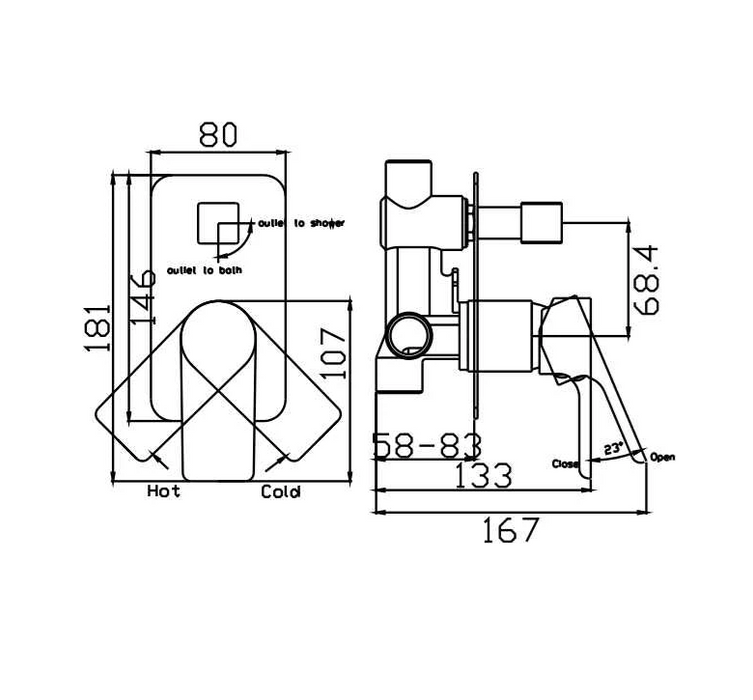 HC Bateau Brushed Nickel Rectangle Wall Mixer With Diverter