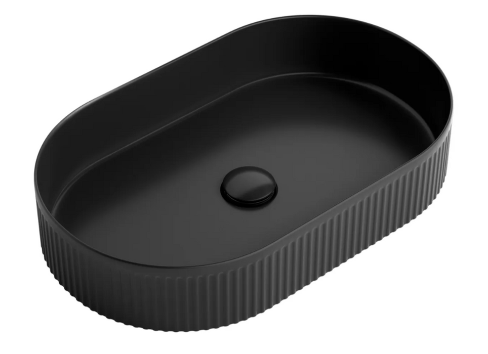 580*360*100mm OTTI Kensington Matt Black/ Matt Pink Carrara Oval Ceramic Fluted Above Counter Basin