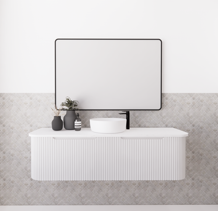 750-1500*450mm ABS Bergen Matt White Curved Edge Fluted Wall Cabinet Hung Vanity MDF Board PVC Coating - HD reno