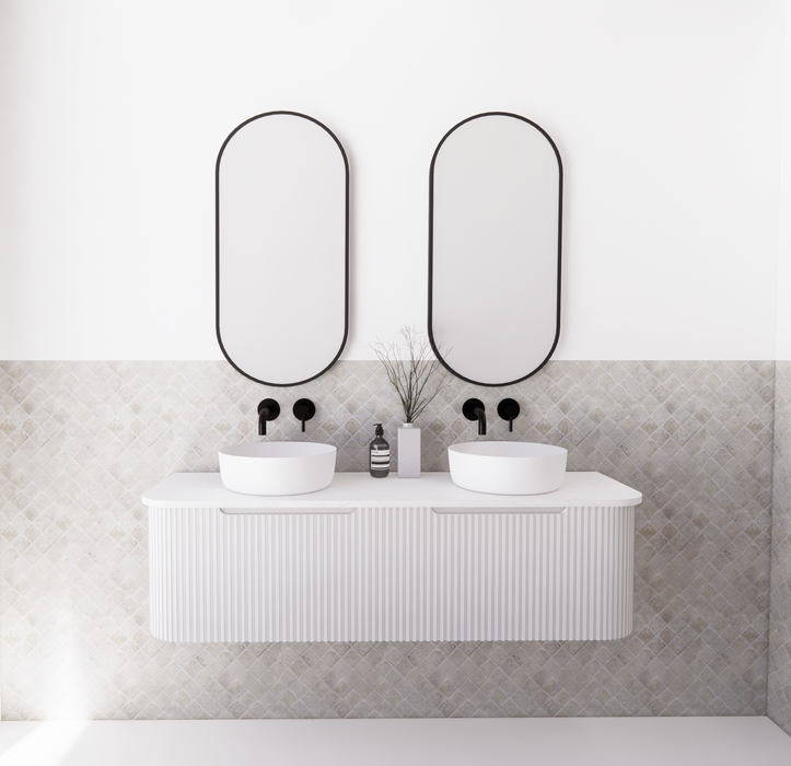 750-1500*450mm ABS Bergen Matt White Curved Edge Fluted Wall Cabinet Hung Vanity MDF Board PVC Coating - HD reno