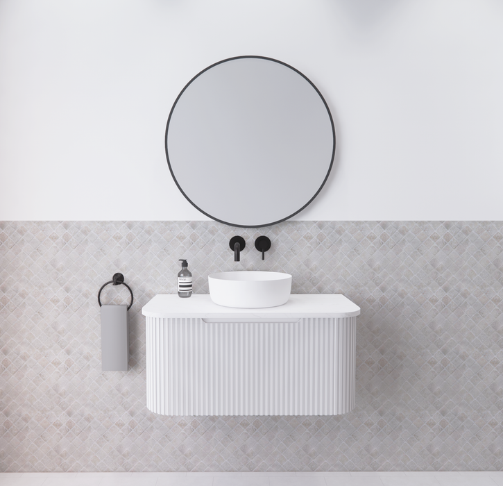 750-1500*450mm ABS Bergen Matt White Curved Edge Fluted Wall Cabinet Hung Vanity MDF Board PVC Coating - HD reno