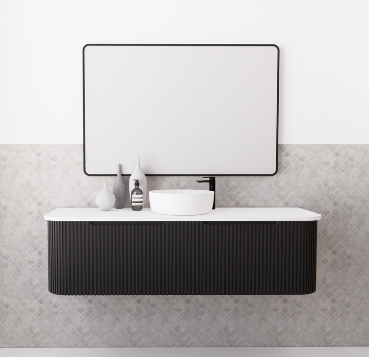 750-1500*450mm ABS Bergen Matt Black Curved Edge Fluted Wall Hung Cabinet Vanity MDF Board PVC Coating - HD reno
