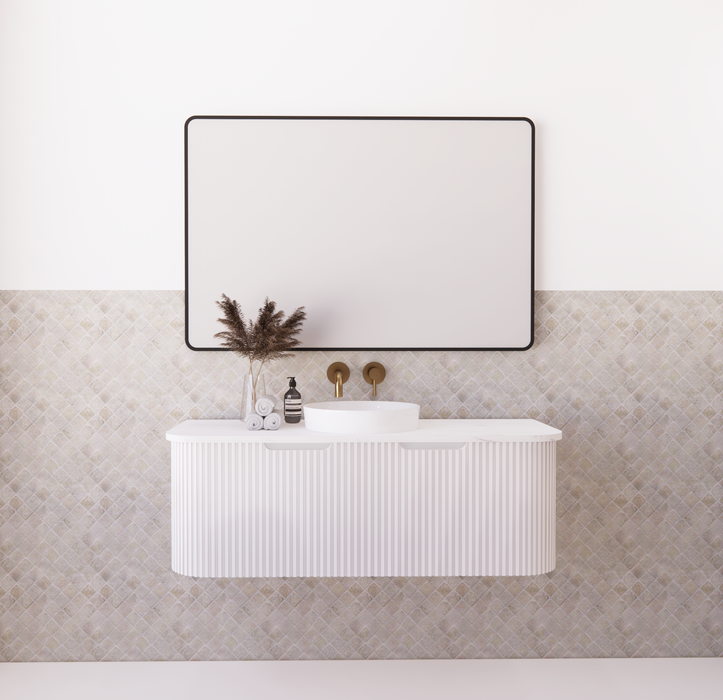750-1500*450mm ABS Bergen Matt White Curved Edge Fluted Wall Cabinet Hung Vanity MDF Board PVC Coating - HD reno