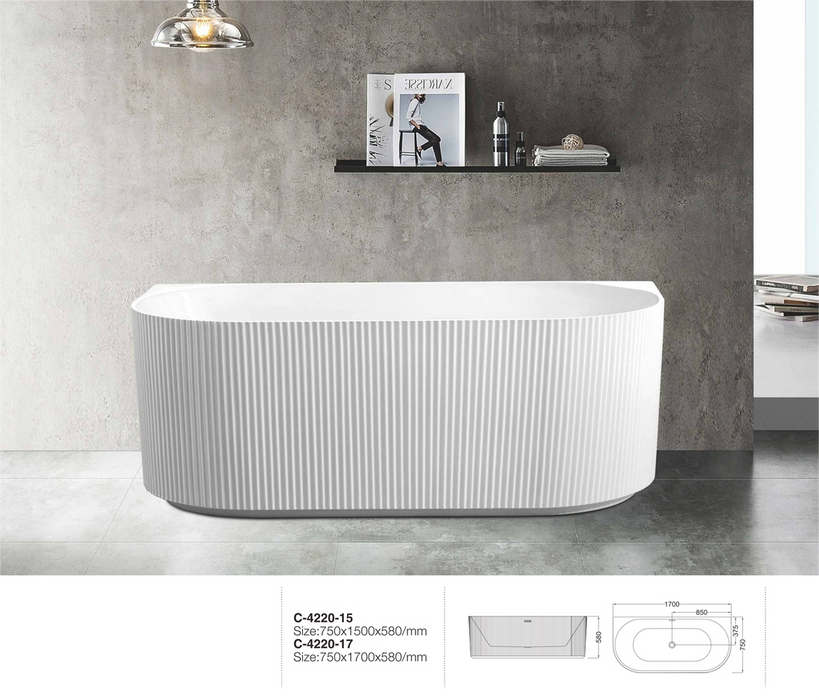1500-1700*750*580mm Sunny 4220 Gloss White/Matt White Oval Acrylic Fluted Back To Wall Bathtub