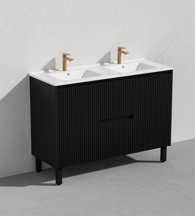 1200*455*860mm POS Brighton Matt Black PVC Constructed Fluted Bathroom Vanity With Legs/Kickboard - Middle Drawer - HD reno