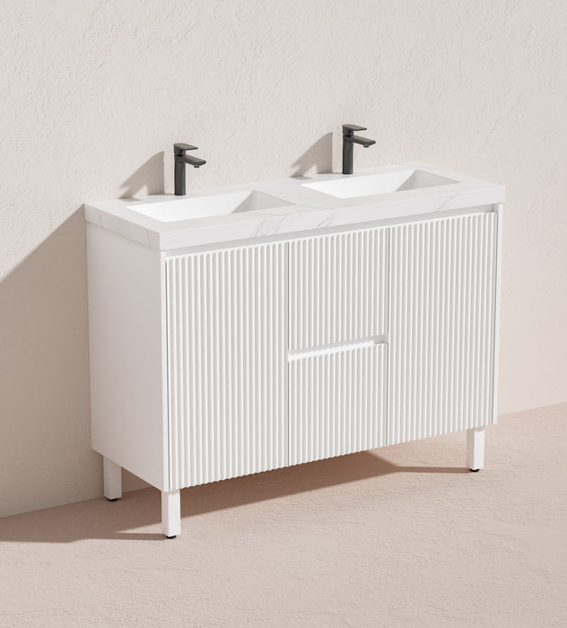 1200*455*860mm POS Brighton Matt White PVC Constructed Fluted Bathroom Vanity With Legs/Kickboard - Middle Drawer - HD reno