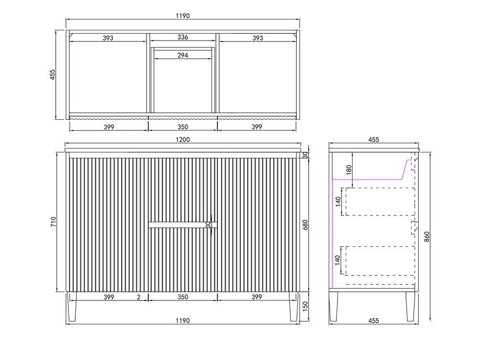 1200*455*860mm POS Brighton Matt Black PVC Constructed Fluted Bathroom Vanity With Legs/Kickboard - Middle Drawer - HD reno