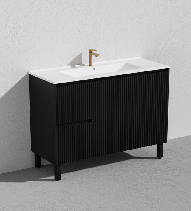 1200*455*860mm POS Brighton Matt Black PVC Constructed Fluted Bathroom Vanity With Legs/Kickboard - Left Hand Drawer - HD reno
