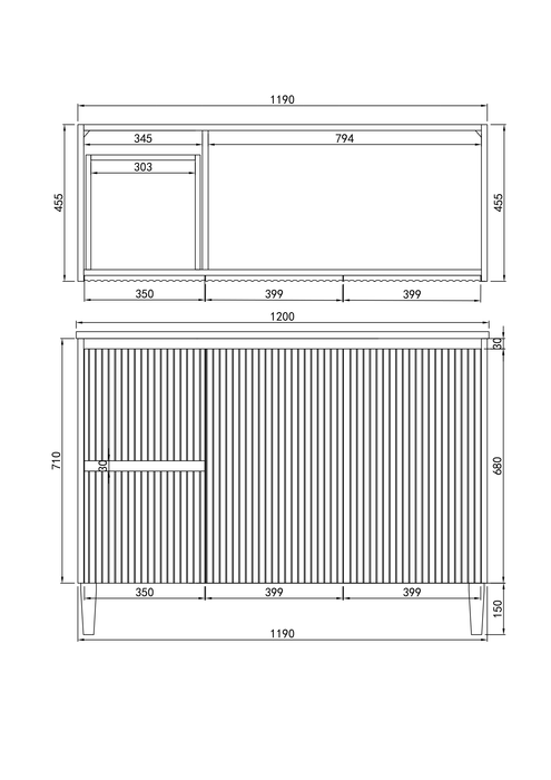 1200*455*860mm POS Brighton Matt White PVC Constructed Fluted Bathroom Vanity With Legs/Kickboard - Left Hand Drawer - HD reno
