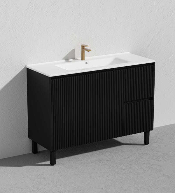 1200*455*860mm POS Brighton Matt Black PVC Constructed Fluted Bathroom Vanity With Legs/Kickboard - Right Hand Drawer - HD reno