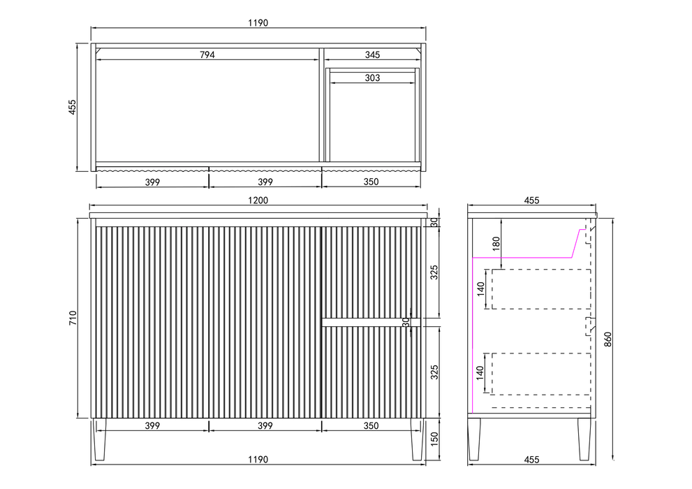 1200*455*860mm POS Brighton Matt White PVC Constructed Fluted Bathroom Vanity With Legs/Kickboard - Right Hand Drawer - HD reno