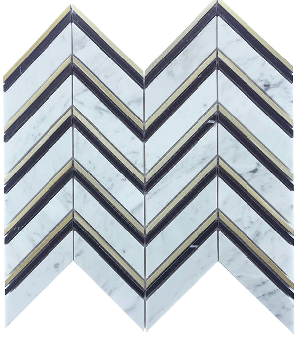 Chevron Carrara+Nero+Gold Honed