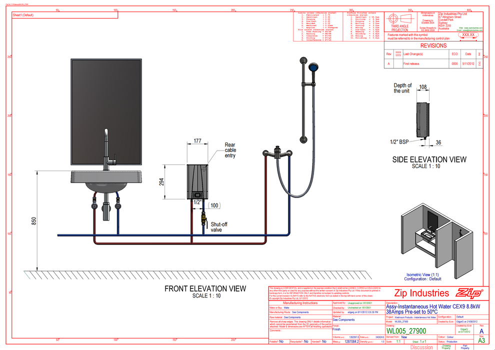 Zip CEX9 6.6KW Electric Hot Water System CEX9 6.6kW - 8.8kW 50??C