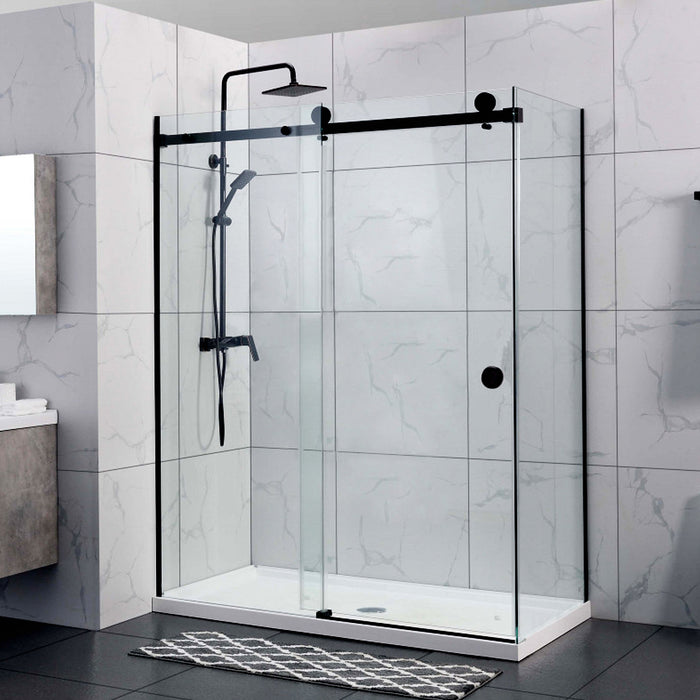 870-1180x2000mm Sliding L Shape Frameless Black 10mm Glass Embedded Circle Handle Shower Screens
