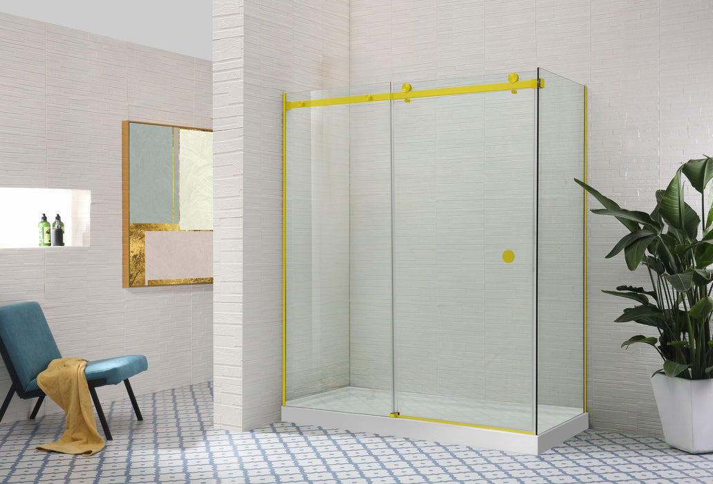 870-1180x2000mm Sliding L Shape Frameless Light Gold 10mm Glass Embedded Circle Handle Shower Screen - HD reno