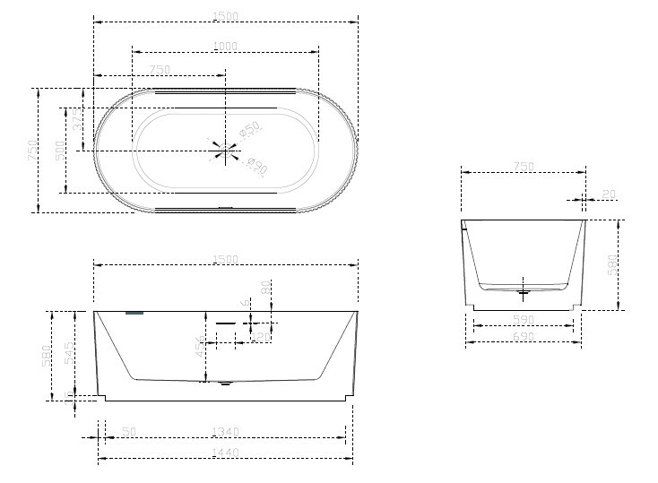 1500/1700*750/800*580mm-ABS-Oslo-Matt-White-And-Black-Oval-Shape-Acrylic-V-Groove-Freestanding-Bathtub - HD reno