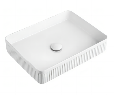 500*380*100mm SUN Gloss White Ceramic Rectangle Fluted Counter Top Basin